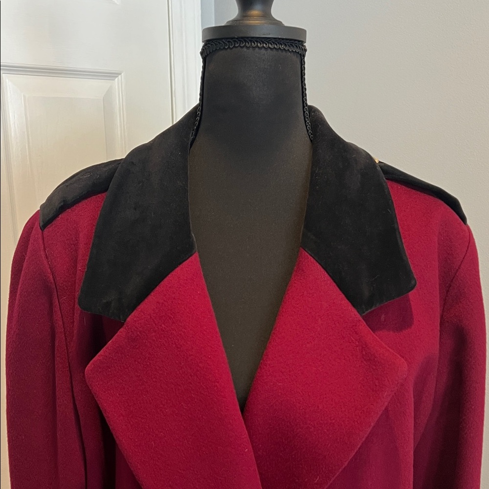 Vintage Christian Dior Burgundy Trench Coat with Black Trim and Gold buttons